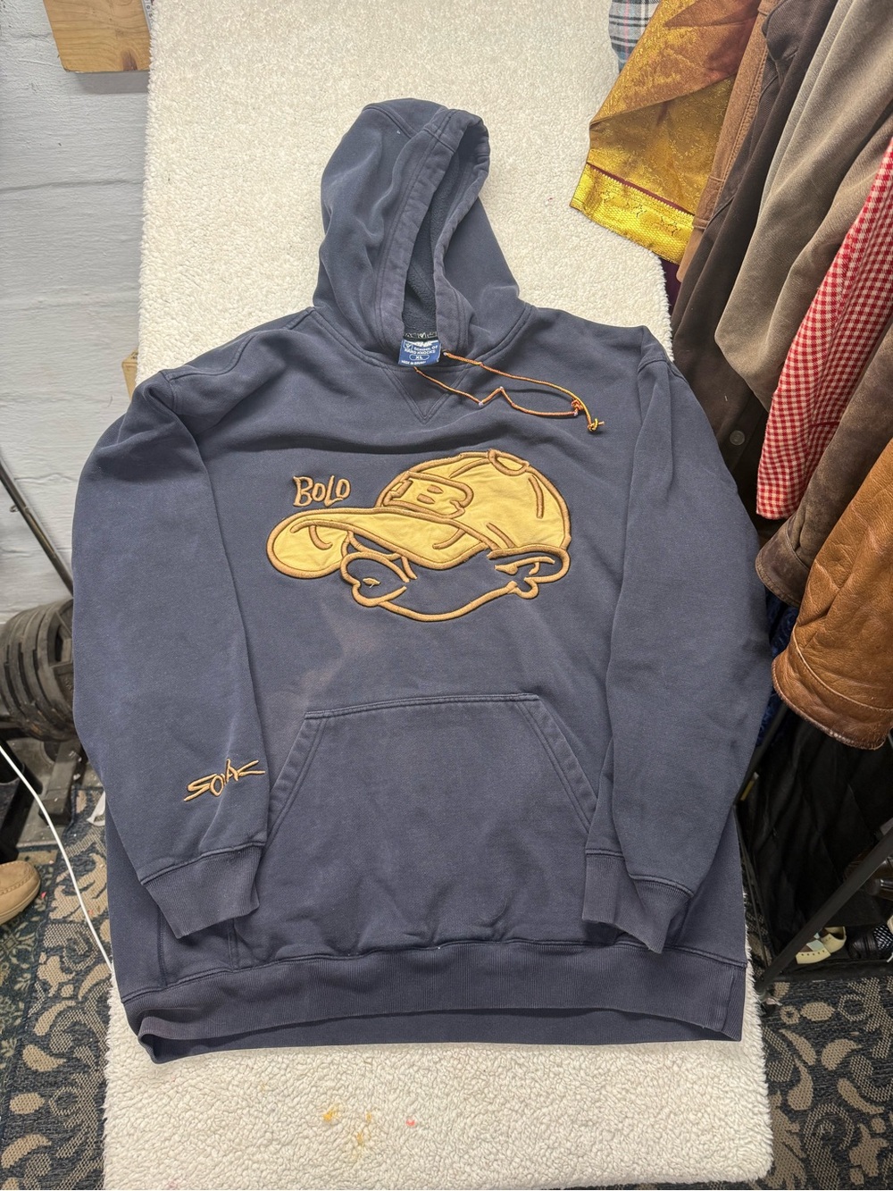 Vintage hip hop School of Hard knocks, navy blue hoodie embroidered BOLO Size XL
